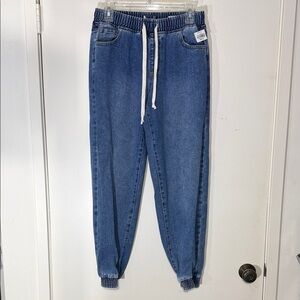 Blue Denim Jogger Pants Elastic Waist Drawstring Tie Size Small
